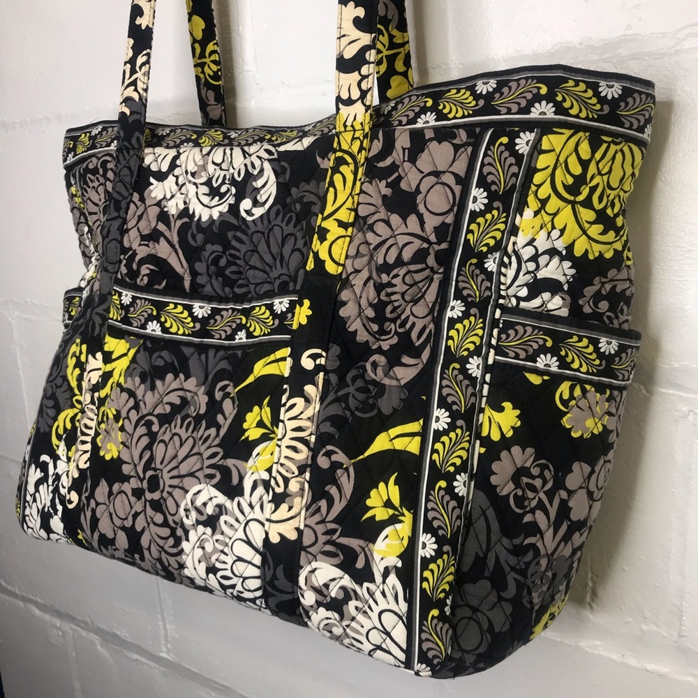 Vera Bradley Baroque Quilted Large Tote Bag Zipper Top Black Yellow Travel - Picture 2 of 10